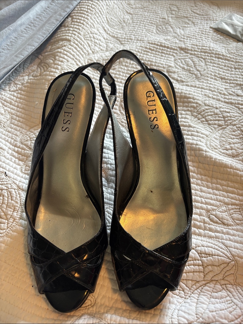 Guess Black Patent Slingback Peep-Toe Heels with Croc Texture